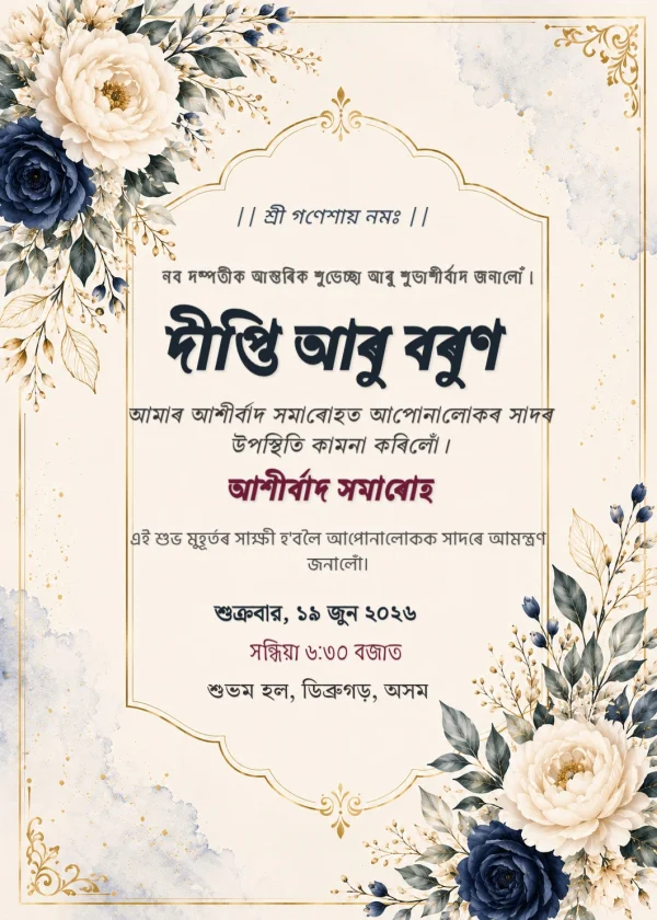 Gold Floral Assamese Engagement Invitation Template — Engagement invitation card template