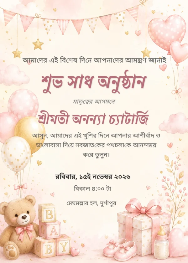 Gold Balloon Bengali Baby Shower Invite — Baby Shower invitation card template