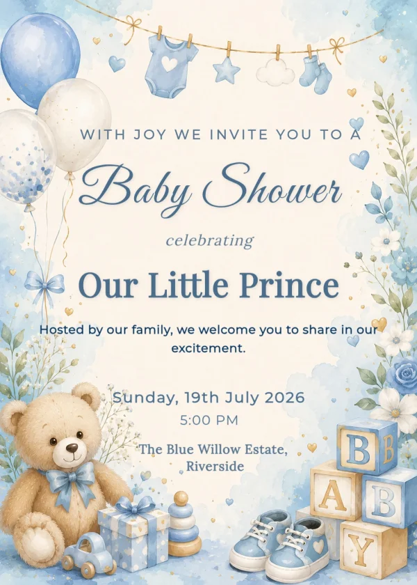 Watercolor Teddy and Baby Blocks Shower Invite — Baby Shower invitation card template