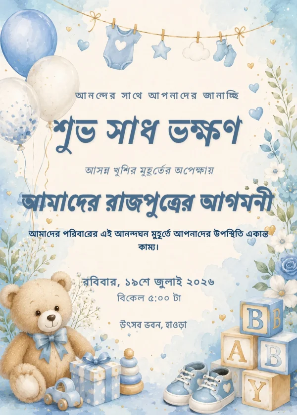 Blue Teddy Bear Bengali Baby Shower Invite — Baby Shower invitation card template