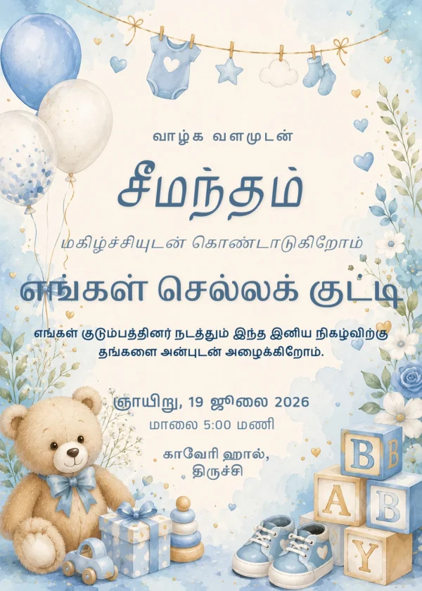 Blue Teddy Watercolor Tamil Seemantham Invite — Baby Shower invitation card template