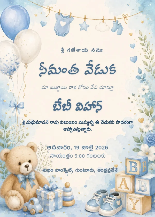 Blue Teddy Watercolor Telugu Seemantham Invitation — Baby Shower invitation card template