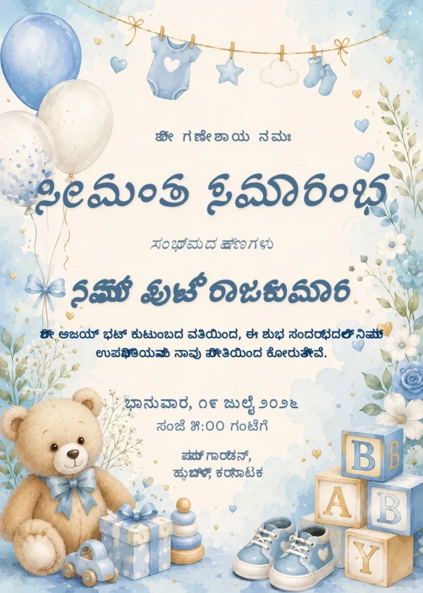 Golden Saffron Kannada Seemantha Invitation Template — Baby Shower invitation card template