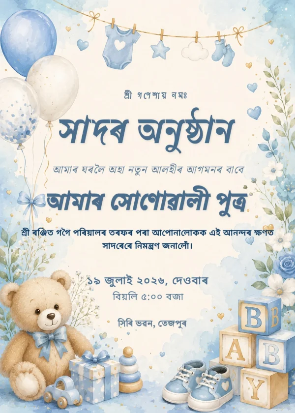 Gold and Blue Assamese Baby Shower Card — Baby Shower invitation card template