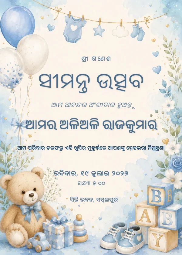 Gold and Blue Odia Seemantha Invitation Template — Baby Shower invitation card template