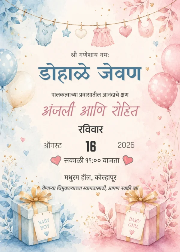 Terracotta Watercolor Marathi Dohale Jevan Template — Baby Shower invitation card template