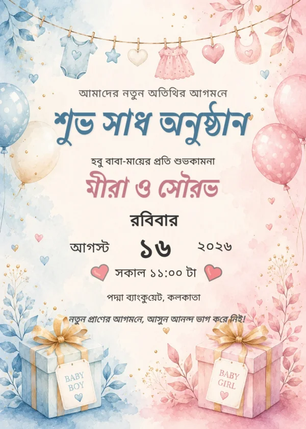 Watercolor Balloons Bengali Baby Shower Invite — Baby Shower invitation card template