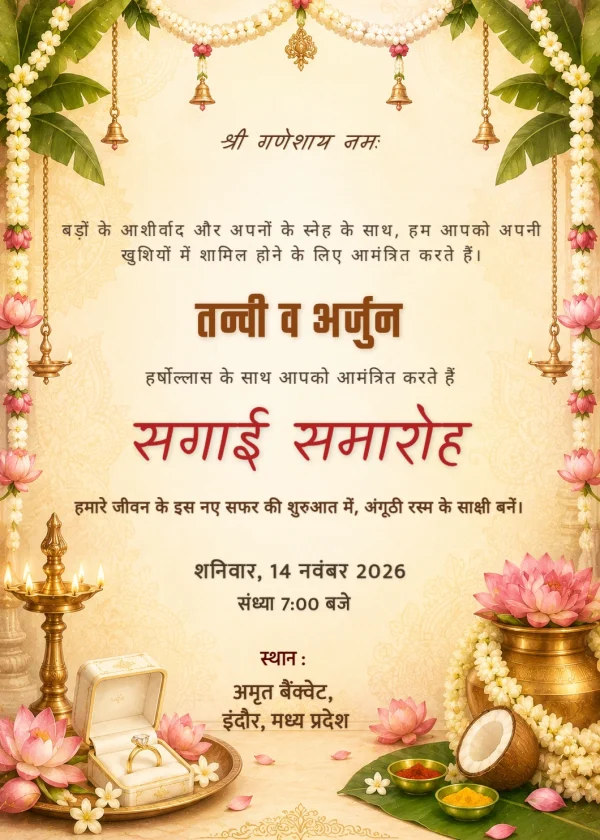 Terracotta Floral Hindi Sagai Ceremony Template — Engagement invitation card template