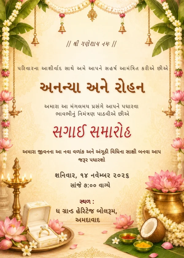 Pink Floral Gold Frame Gujarati Sagai Invite — Engagement invitation card template