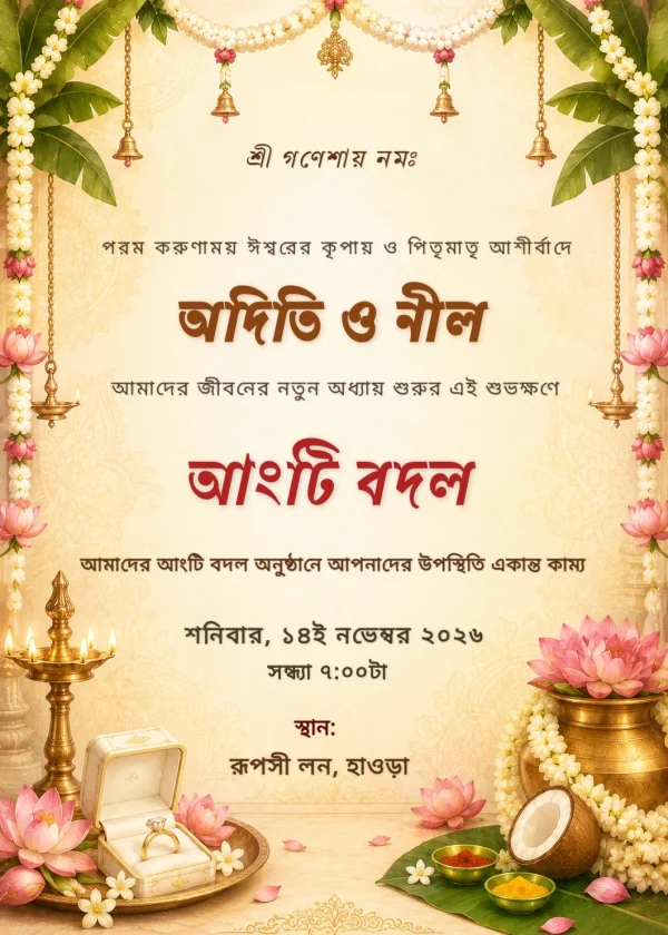 Gold Lotus Bengali Engagement Invitation Design — Engagement invitation card template