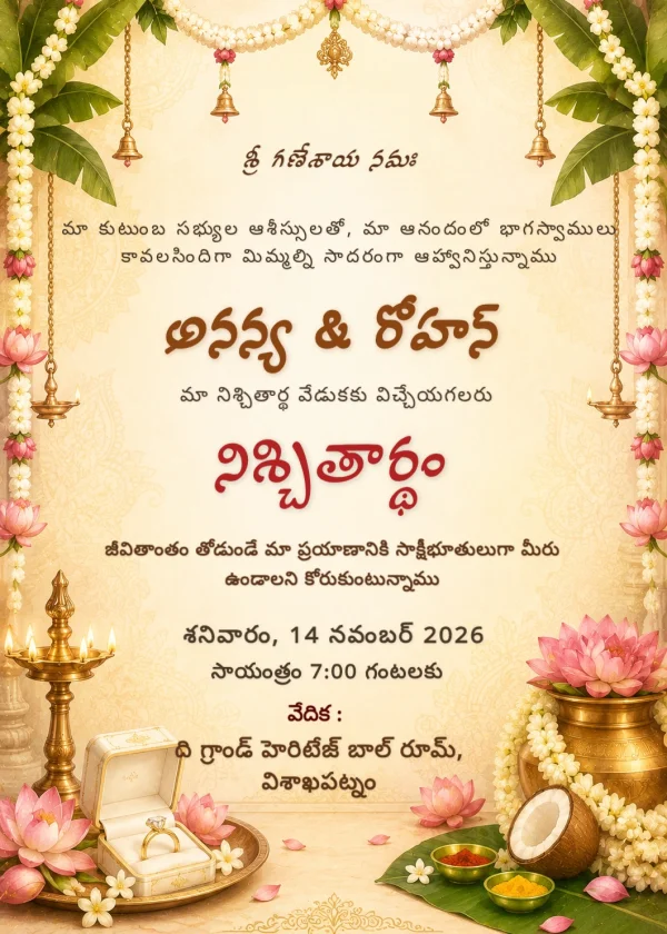 Floral Marigold Telugu Nischitartham Invitation Template — Engagement invitation card template