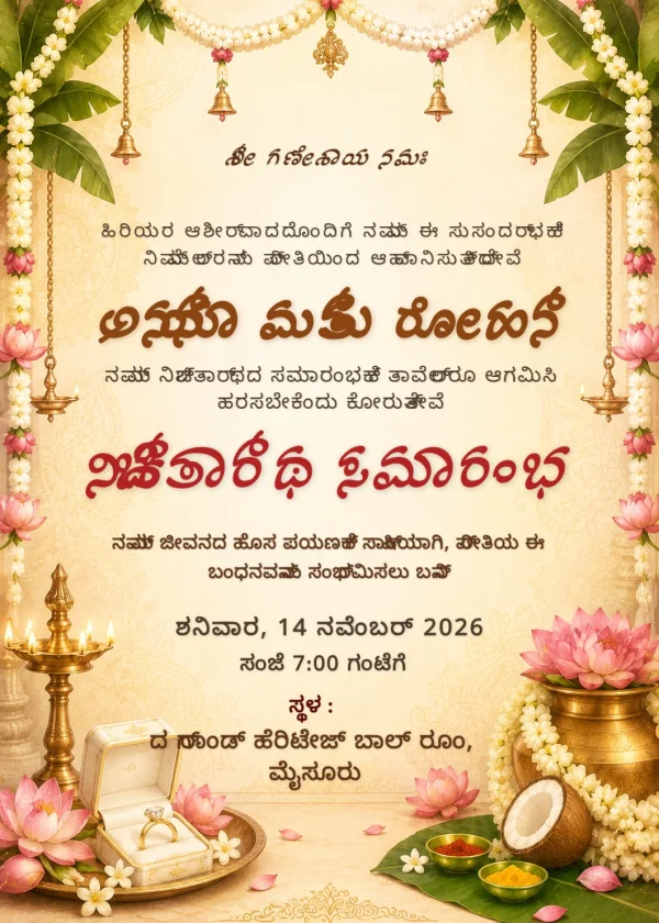 Golden Lotus Kannada Nishchitartha Invitation Design — Engagement invitation card template