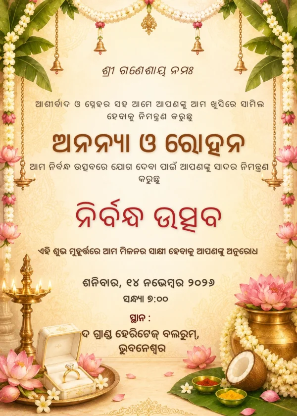 Golden Lotus Odia Nirbandha Engagement Invite — Engagement invitation card template