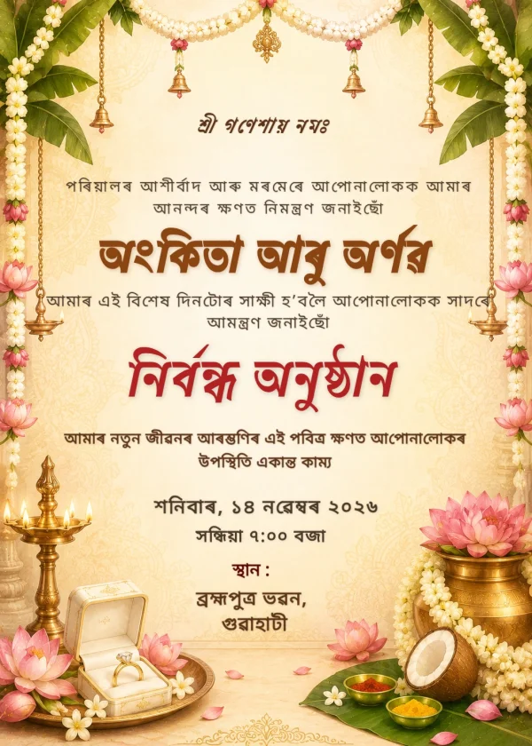 Red Gold Assamese Engagement Invitation Template — Engagement invitation card template