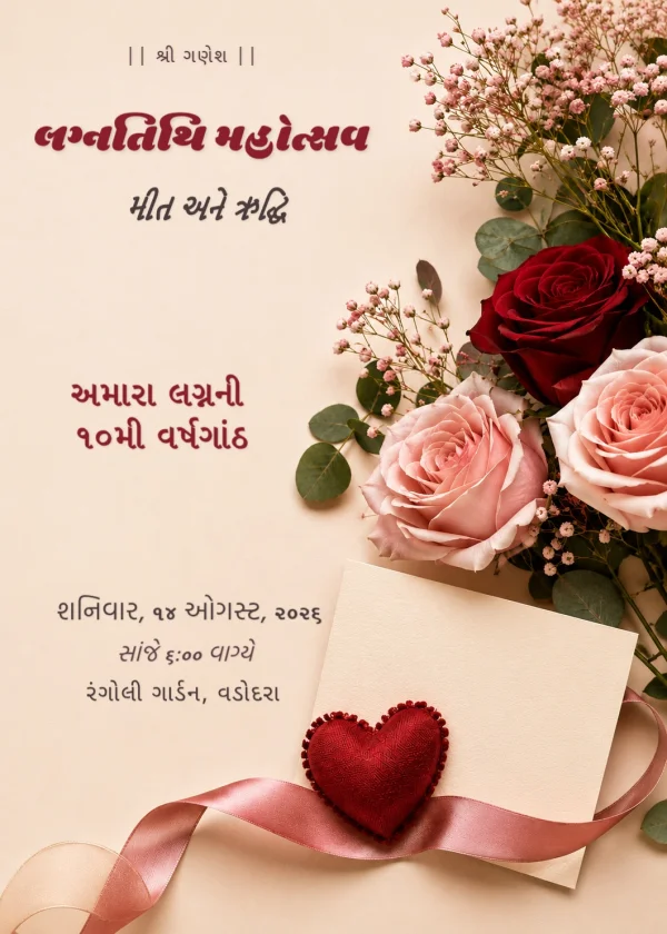 Pink Rose Gujarati Anniversary Floral Invite — Anniversary invitation card template