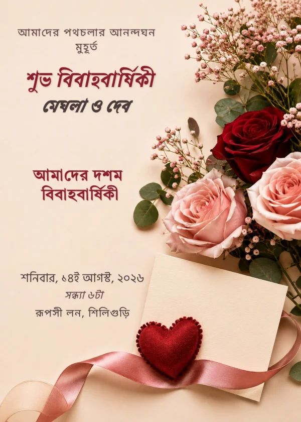 Gold and Crimson Bengali Anniversary Celebration Design — Anniversary invitation card template