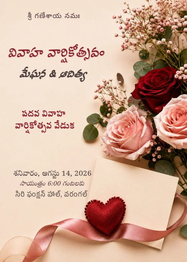 Floral Gold Telugu Anniversary Invite Design — Anniversary invitation card template
