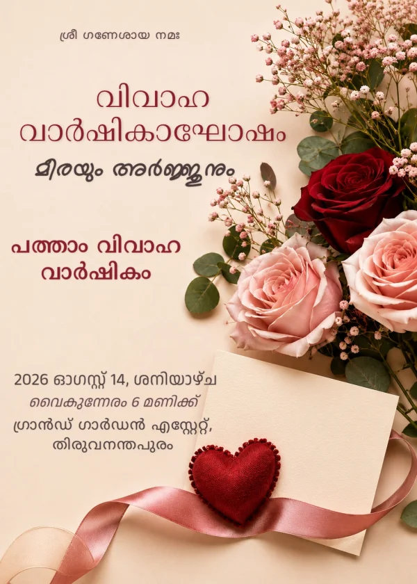 Gold Floral Malayalam Anniversary Celebration Template — Anniversary invitation card template