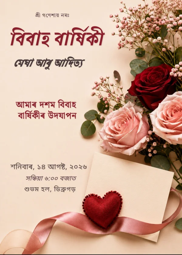 Crimson Rose Assamese Anniversary Celebration Template — Anniversary invitation card template