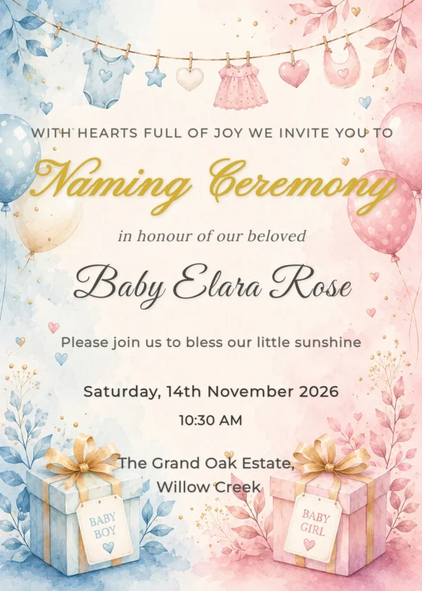 Pastel Watercolor Clothesline Naming Ceremony Template — Naming Ceremony invitation card template