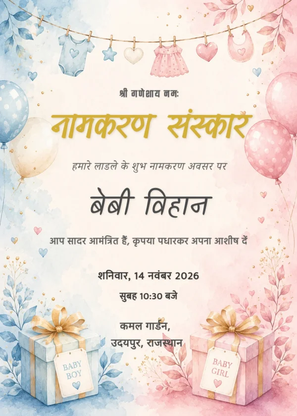 Saffron Terracotta Hindi Naamkaran Invitation Template — Naming Ceremony invitation card template