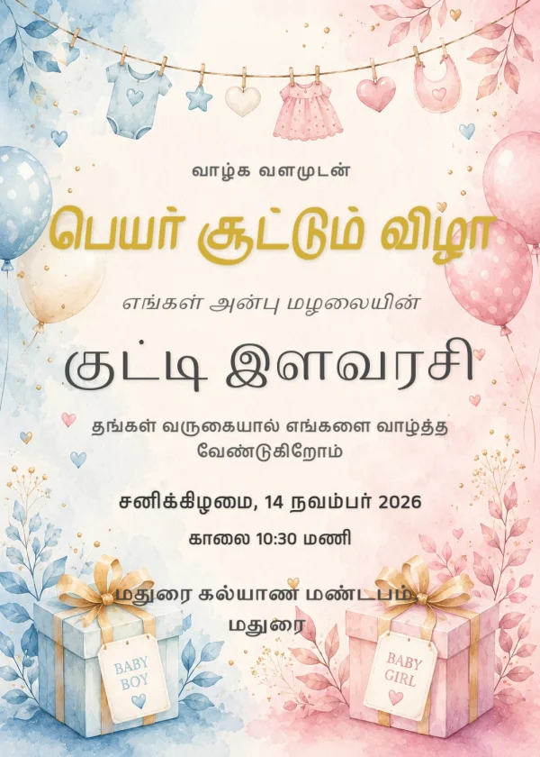 Gold Floral Tamil Namakaranam Invite Template — Naming Ceremony invitation card template