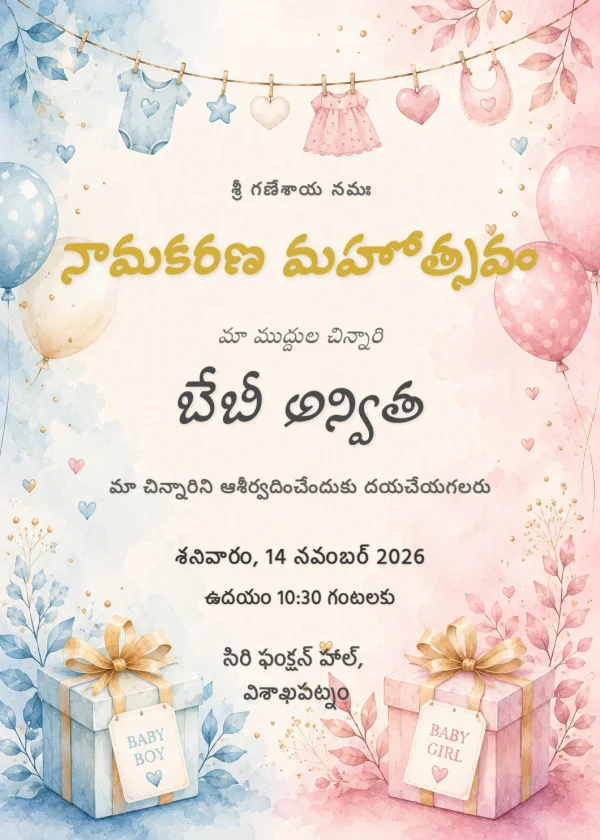 Vibrant Floral Telugu Namakaranam Invitation Design — Naming Ceremony invitation card template