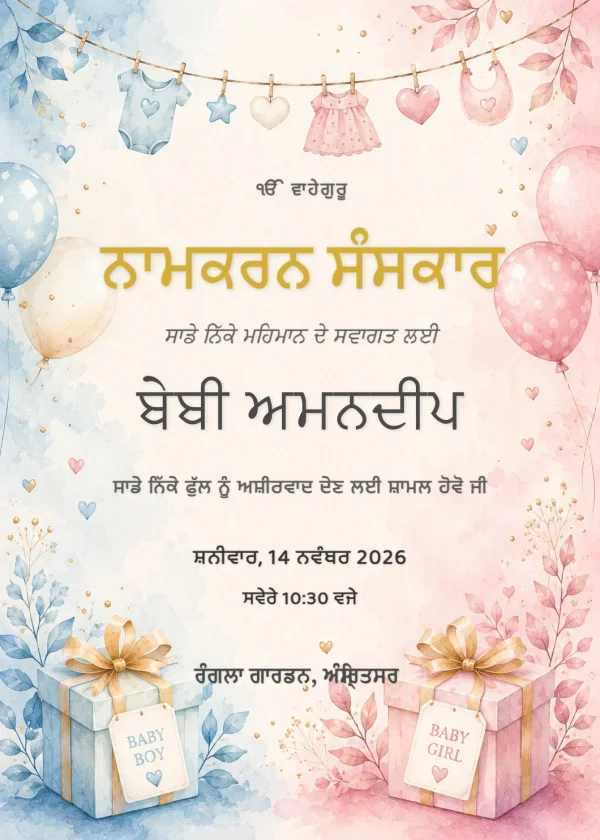Watercolor Balloon Punjabi Naming Ceremony Invite — Naming Ceremony invitation card template