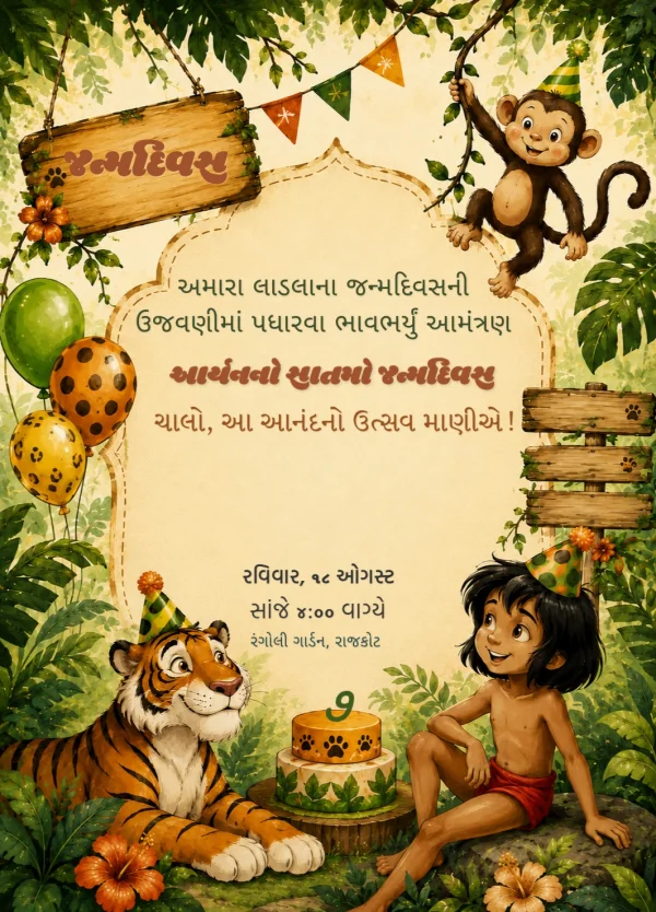 Vibrant Gujarati Jungle Birthday Celebration Template — Birthday invitation card template