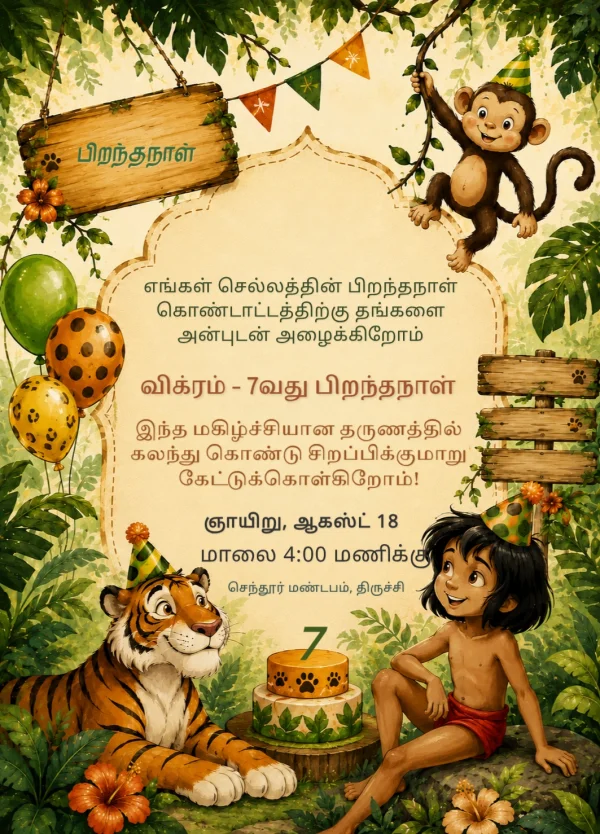 Vibrant Jungle Theme Tamil Birthday Invite — Birthday invitation card template