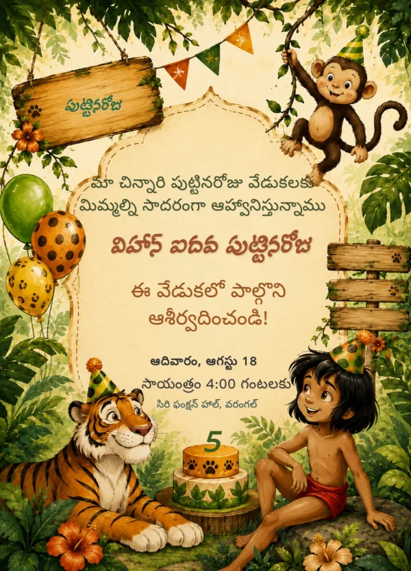 Jungle Theme Telugu Kids Birthday Card — Birthday invitation card template
