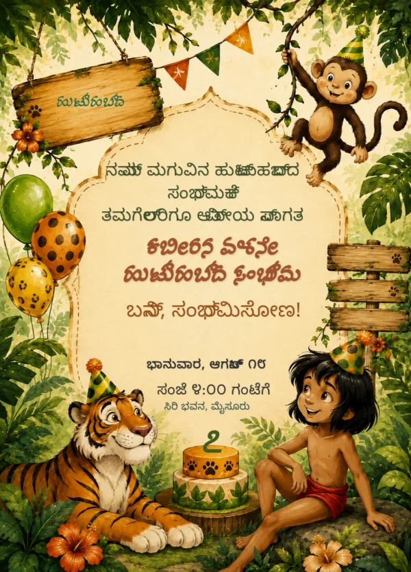 Kannada Jungle Theme Birthday Party Invite — Birthday invitation card template