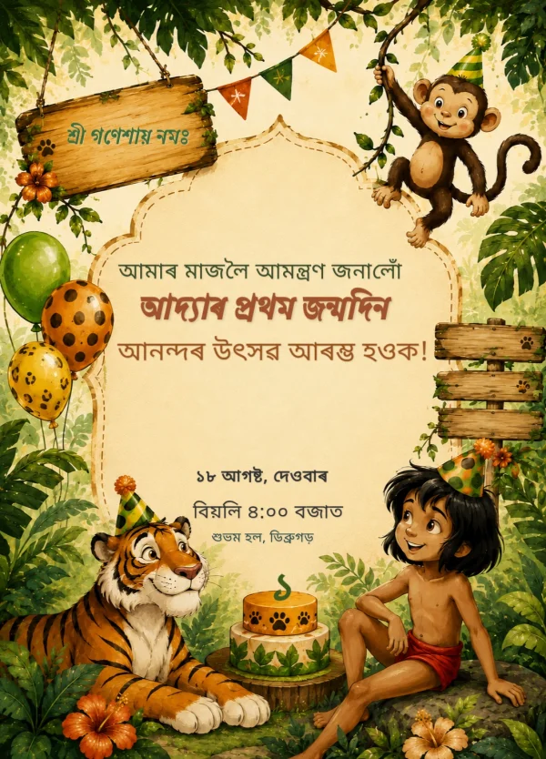 Gold Jungle Theme Assamese Birthday Invite — Birthday invitation card template