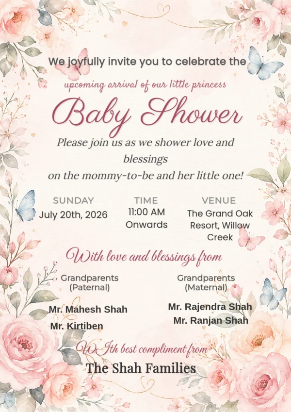 Soft Rose Butterfly Watercolor Baby Shower Design — Baby Shower invitation card template