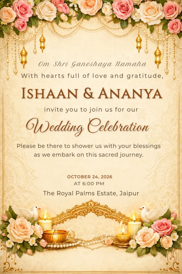 Gold Lantern Rose Garland Wedding Invite Design — Wedding invitation card template