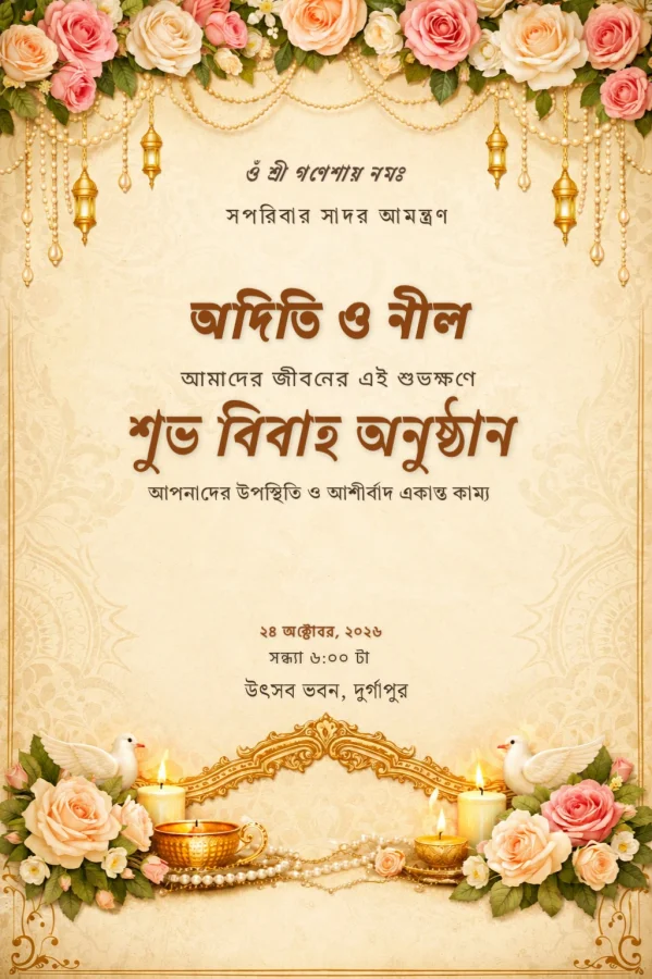 Golden Rose Bengali Wedding Invitation Card — Wedding invitation card template