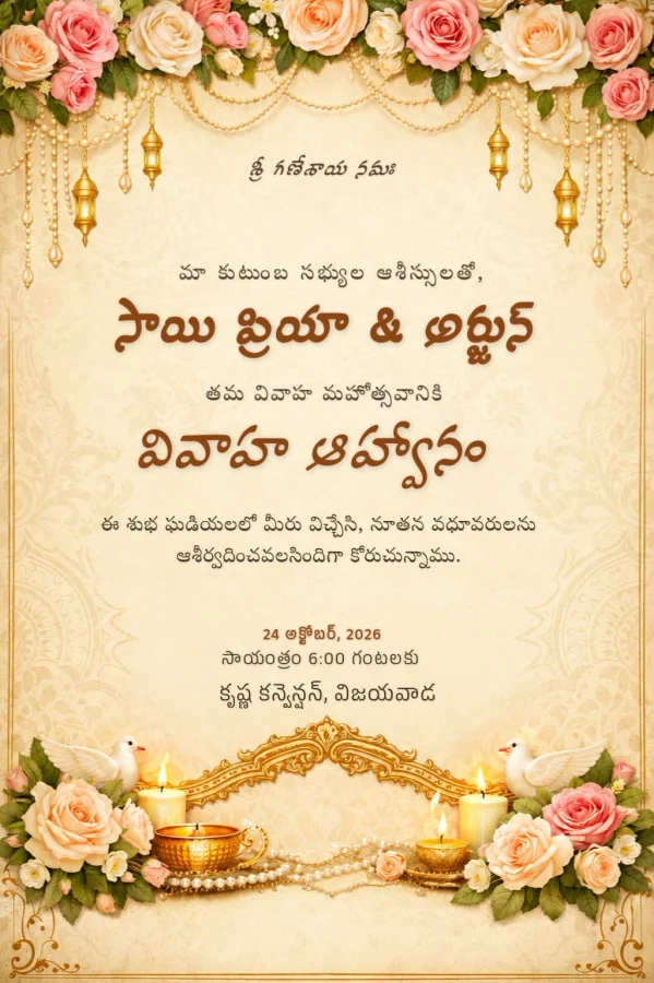 Golden Floral Telugu Wedding Invitation Design — Wedding invitation card template
