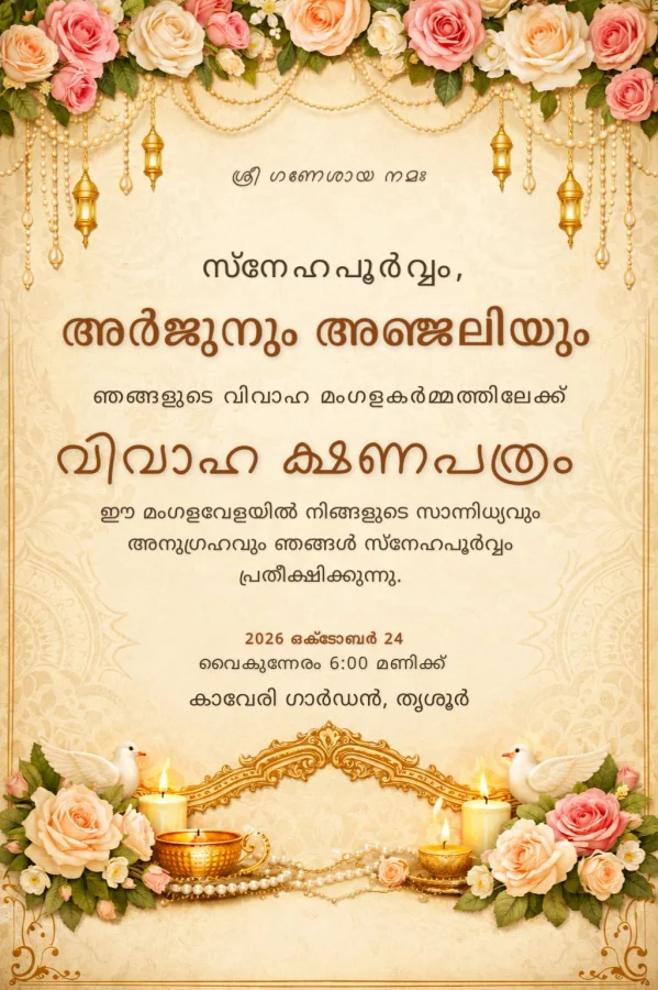 Gold Floral Malayalam Wedding Invitation Card — Wedding invitation card template