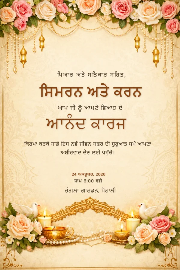 Warm Floral Punjabi Anand Karaj Invite Design — Wedding invitation card template
