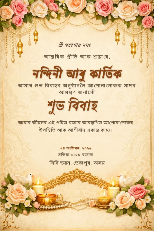 Golden Floral Assamese Wedding Invite Design — Wedding invitation card template
