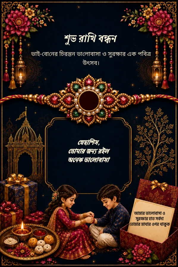 Red and Gold Bengali Rakhi Celebration Card — Raksha Bandhan invitation card template