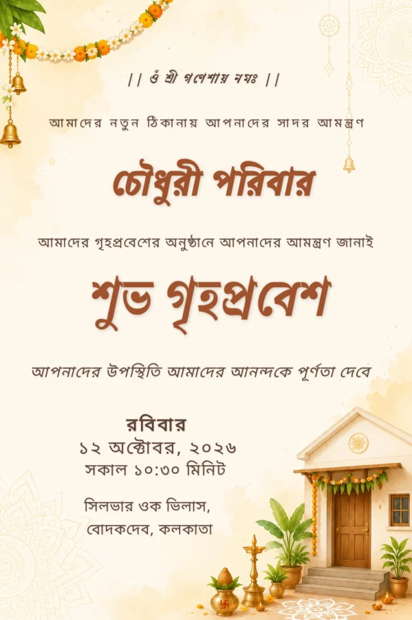 Auspicious Bengali Griha Pravesh Gold Invite — Housewarming invitation card template