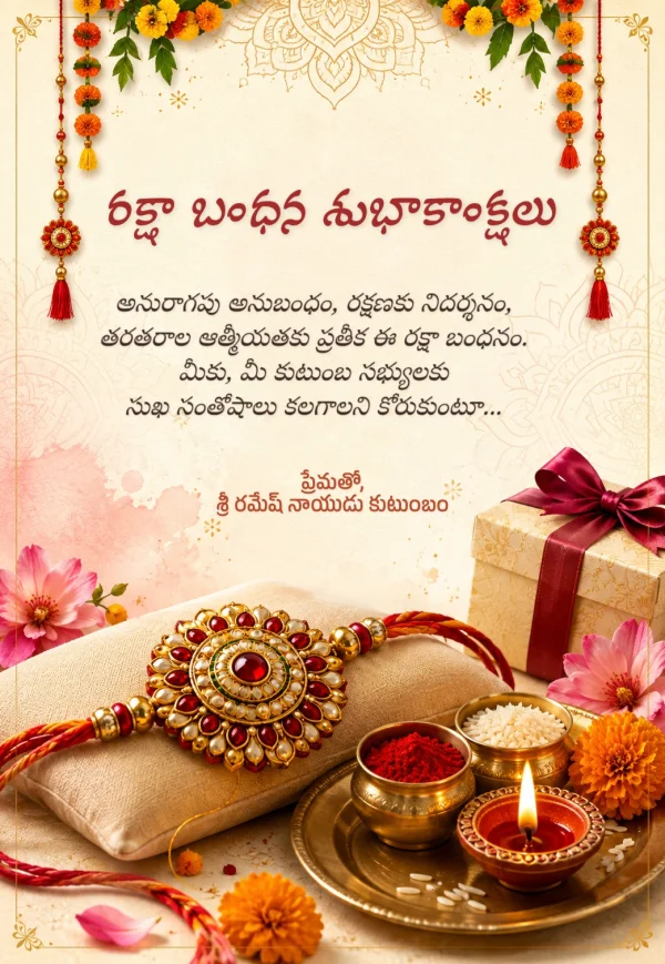 Floral Marigold Telugu Raksha Bandhan Card — Raksha Bandhan invitation card template