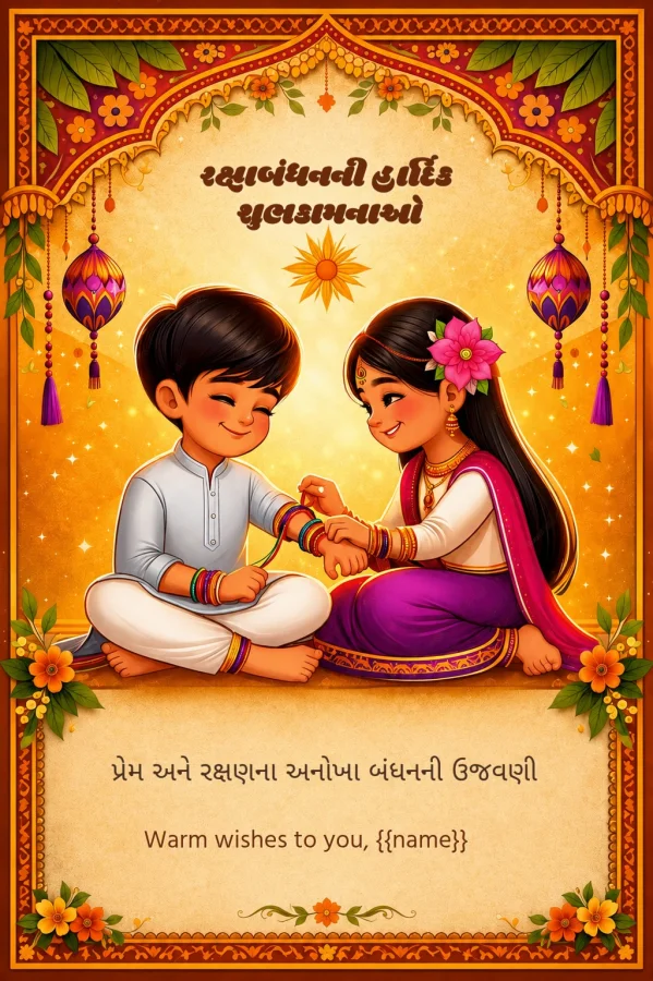 Vibrant Gold Floral Gujarati Raksha Bandhan Card — Raksha Bandhan invitation card template