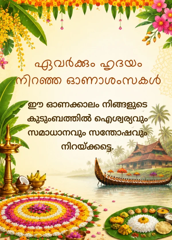 Malayalam Onam Greeting with Marigold Pookalam — Onam invitation card template
