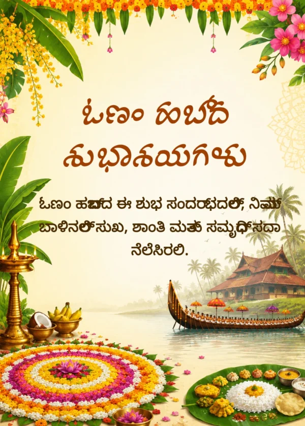 Kannada Onam Greeting Card with Flower Pookalam — Onam invitation card template