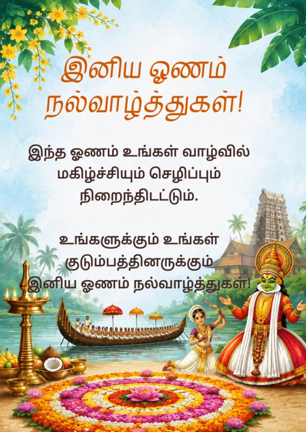 Tamil Onam Festival Vibrant Floral Greeting Card — Onam invitation card template