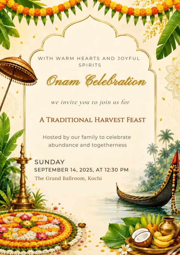 Onam Marigold Arch Boat Celebration Template — Onam invitation card template