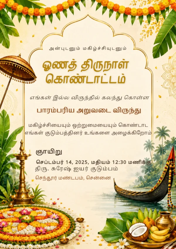 Tamil Onam Celebration Floral Gold Invite — Onam invitation card template