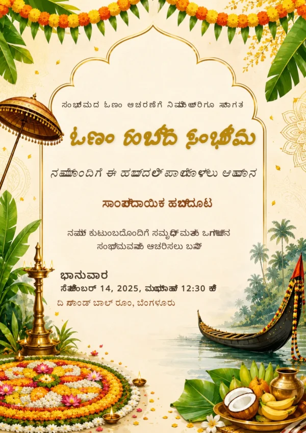Kannada Onam Harvest Festival Celebration Invite — Onam invitation card template